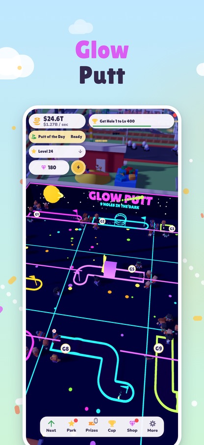 Glow Putt: a blacklight hall with neon rails and glowing holes